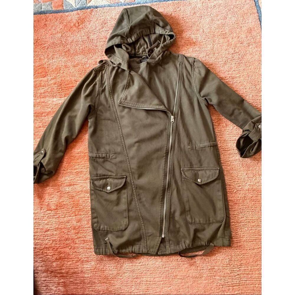Topshop Khaki Hooded Utility Jacket Asymmetrical Zip Cotton Size US 4